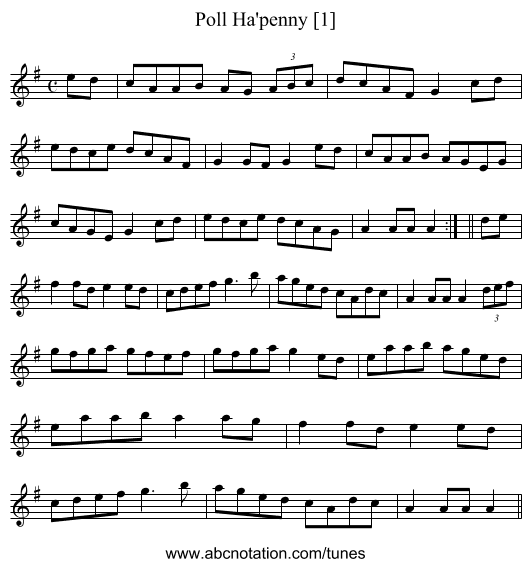 Poll Ha'penny [1] - staff notation