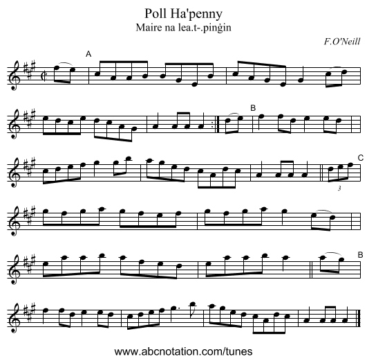 Poll Ha'penny - staff notation