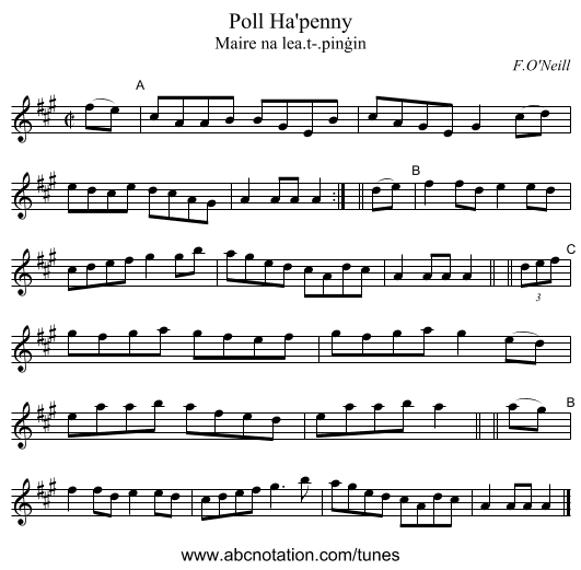 Poll Ha'penny - staff notation