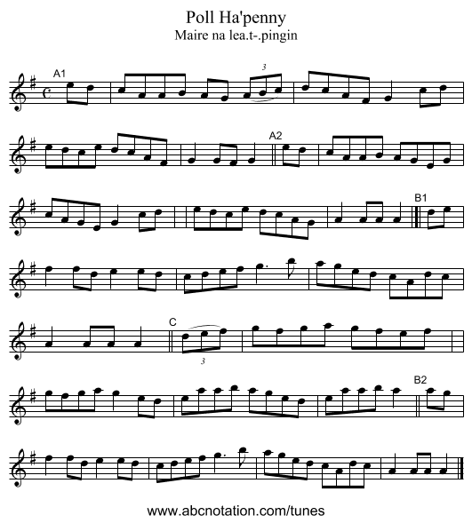 Poll Ha'penny - staff notation