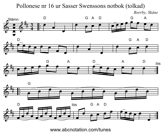 Pollonese nr 16 ur Sasser Swenssons notbok (tolkad) - staff notation