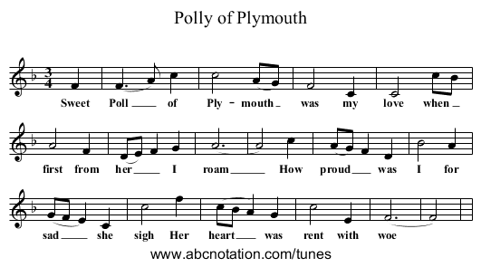 Polly of Plymouth - staff notation