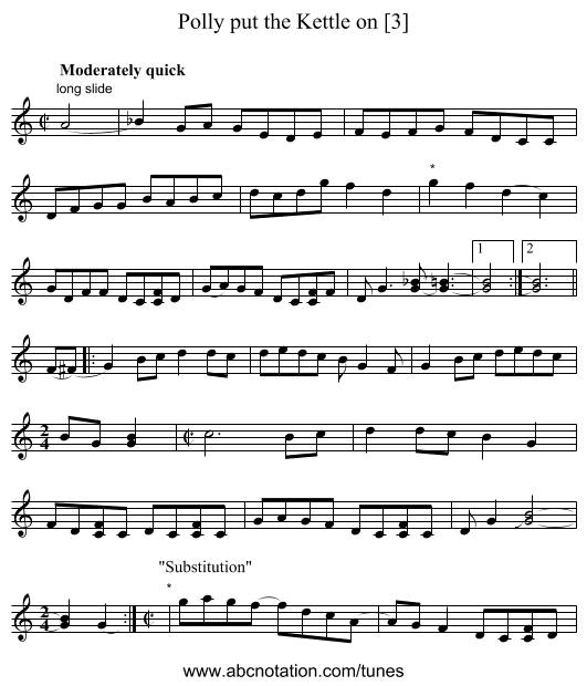 Polly put the Kettle on [3] - staff notation