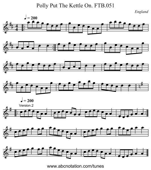 Polly Put The Kettle On. FTB.051 - staff notation