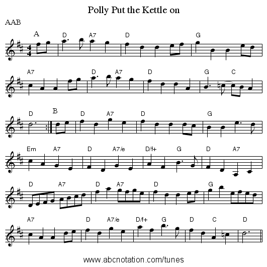 Polly Put the Kettle on - staff notation