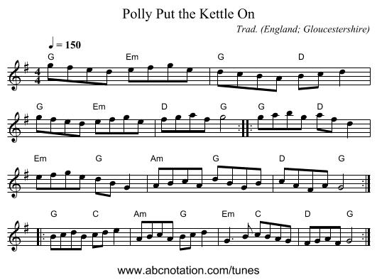 Polly Put the Kettle On - staff notation