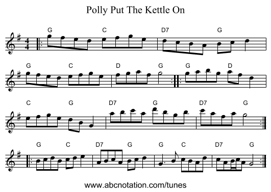 Polly Put The Kettle On - staff notation