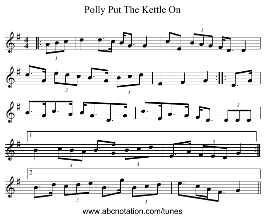 Polly Put The Kettle On - staff notation