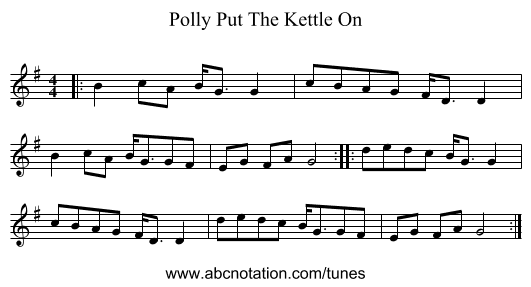 Polly Put The Kettle On - staff notation