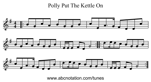 Polly Put The Kettle On - staff notation