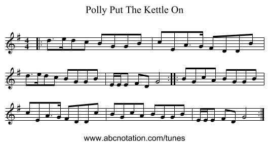 Polly Put The Kettle On - staff notation