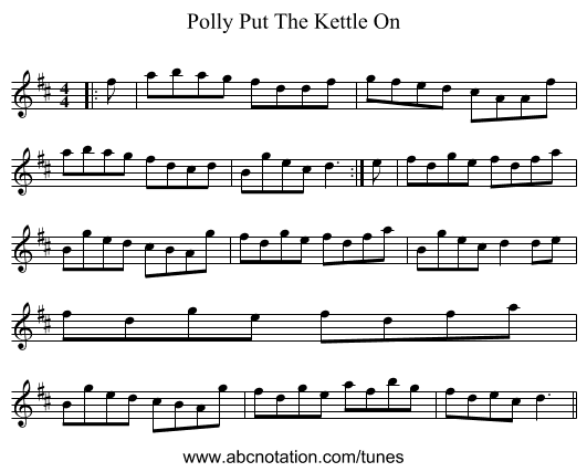 Polly Put The Kettle On - staff notation