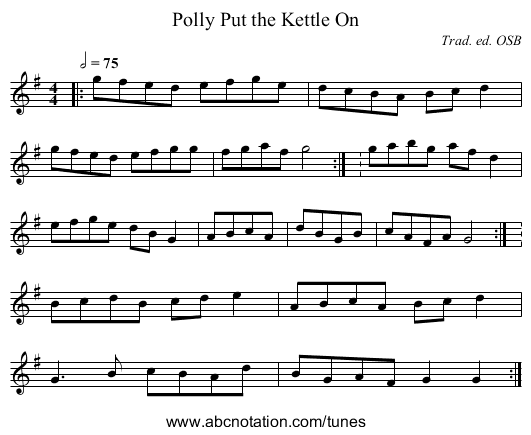 Polly Put the Kettle On - staff notation