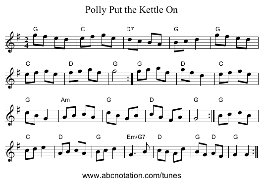 Polly Put the Kettle On - staff notation