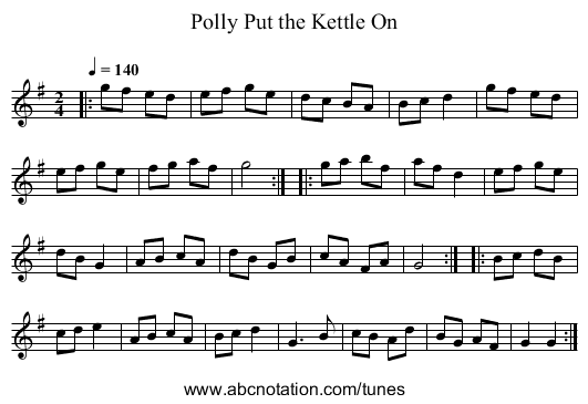 Polly Put the Kettle On - staff notation