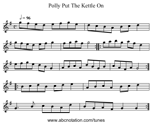Polly Put The Kettle On - staff notation