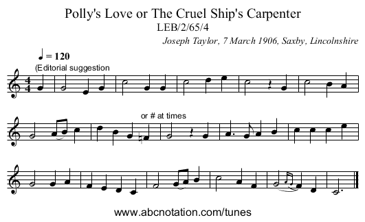 Polly's Love or The Cruel Ship's Carpenter - staff notation