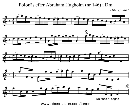 Polonäs efter Abraham Hagholm (nr 146) i Dm - staff notation
