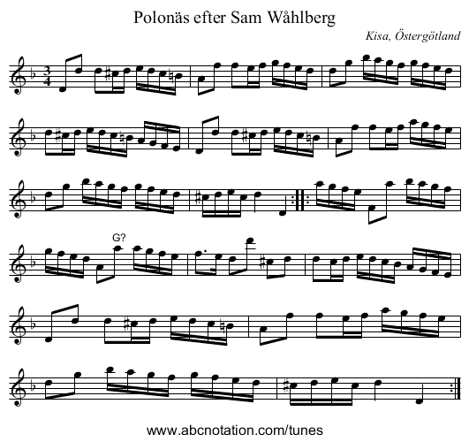 Polonäs efter Sam Wåhlberg - staff notation
