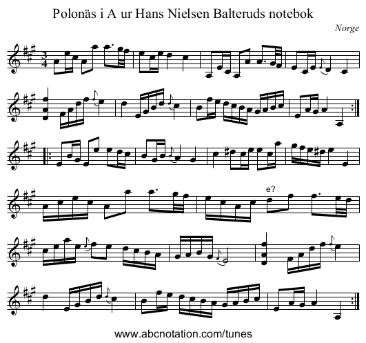 Polonäs i A ur Hans Nielsen Balteruds notebok - staff notation
