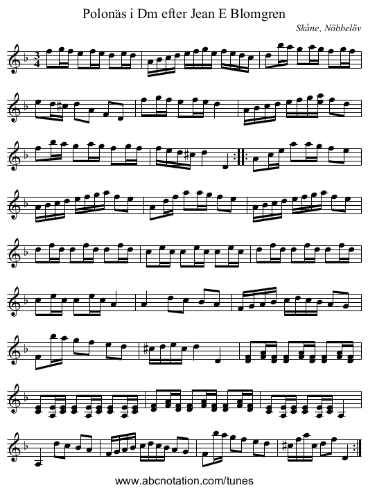 Polonäs i Dm efter Jean E Blomgren - staff notation