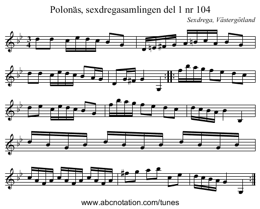 Polonäs, sexdregasamlingen del 1 nr 104 - staff notation