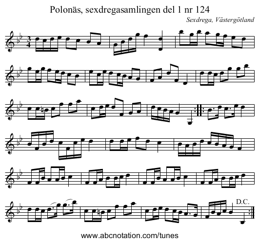 Polonäs, sexdregasamlingen del 1 nr 124 - staff notation