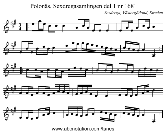 Polon&auml;s, Sexdregasamlingen del 1 nr 168` - staff notation