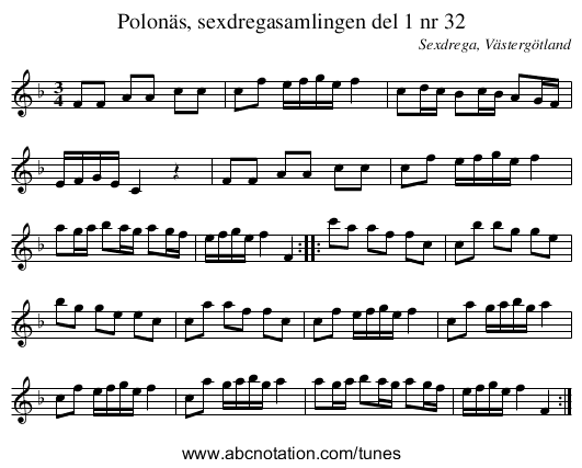Polonäs, sexdregasamlingen del 1 nr 32 - staff notation
