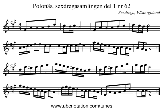 Polonäs, sexdregasamlingen del 1 nr 62 - staff notation