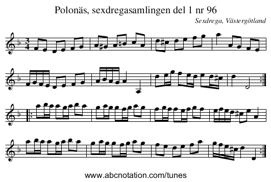 Polonäs, sexdregasamlingen del 1 nr 96 - staff notation