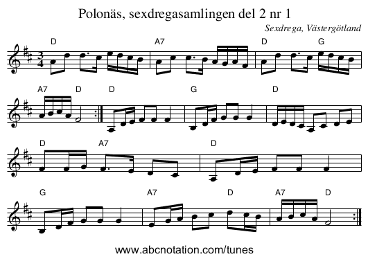 Polonäs, sexdregasamlingen del 2 nr 1 - staff notation