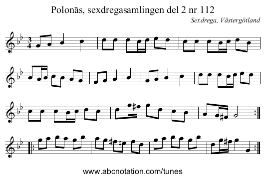 Polonäs, sexdregasamlingen del 2 nr 112 - staff notation