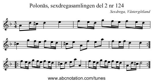 Polonäs, sexdregasamlingen del 2 nr 124 - staff notation