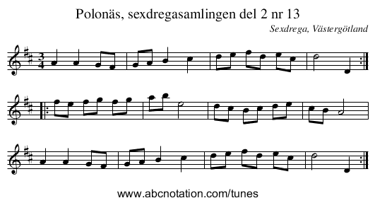 Polonäs, sexdregasamlingen del 2 nr 13 - staff notation