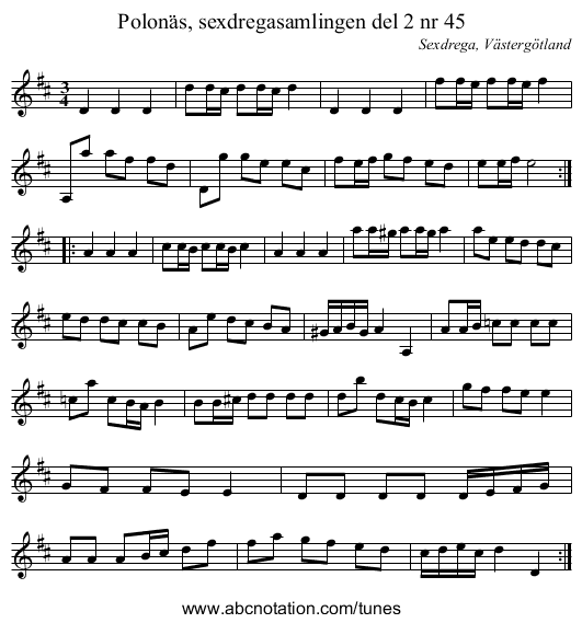 Polonäs, sexdregasamlingen del 2 nr 45 - staff notation