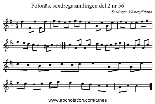 Polonäs, sexdregasamlingen del 2 nr 56 - staff notation