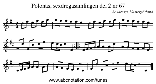 Polonäs, sexdregasamlingen del 2 nr 67 - staff notation