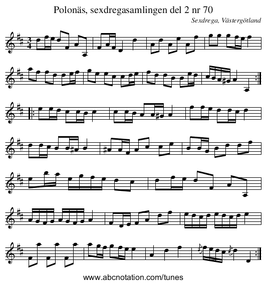 Polonäs, sexdregasamlingen del 2 nr 70 - staff notation