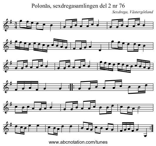 Polonäs, sexdregasamlingen del 2 nr 76 - staff notation