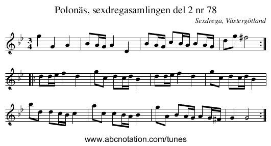 Polonäs, sexdregasamlingen del 2 nr 78 - staff notation