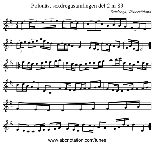 Polonäs, sexdregasamlingen del 2 nr 83 - staff notation