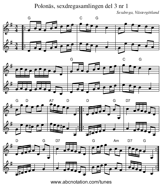 Polonäs, sexdregasamlingen del 3 nr 1 - staff notation