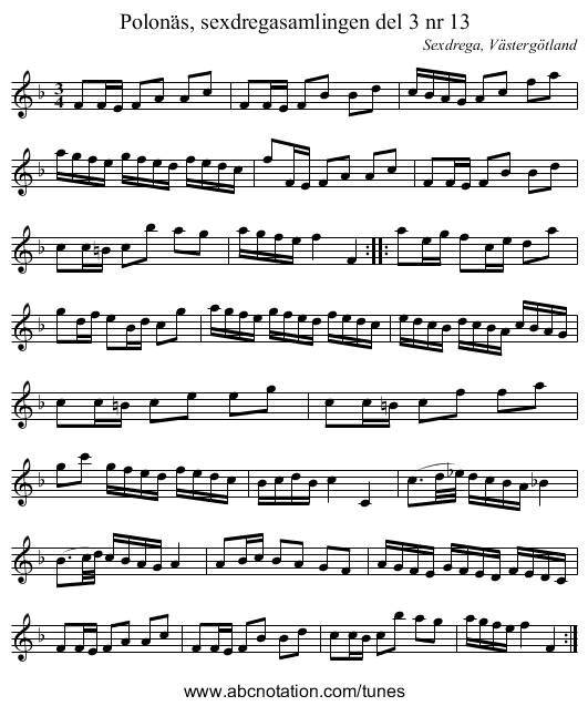 Polonäs, sexdregasamlingen del 3 nr 13 - staff notation