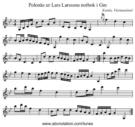 Polonäs ur Lars Larssons notbok i Gm - staff notation