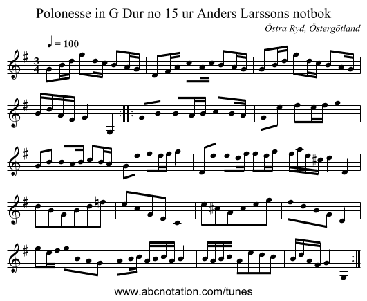 Polonesse in G Dur no 15 ur Anders Larssons notbok - staff notation