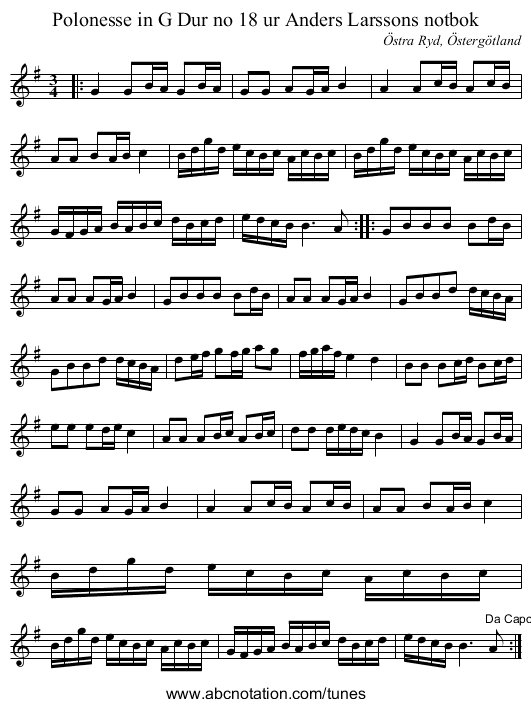 Polonesse in G Dur no 18 ur Anders Larssons notbok - staff notation