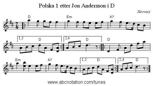 Polska 1 etter Jon Andersson i D - staff notation