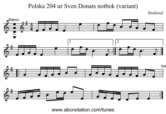 Polska 204 ur Sven Donats notbok (variant) - staff notation