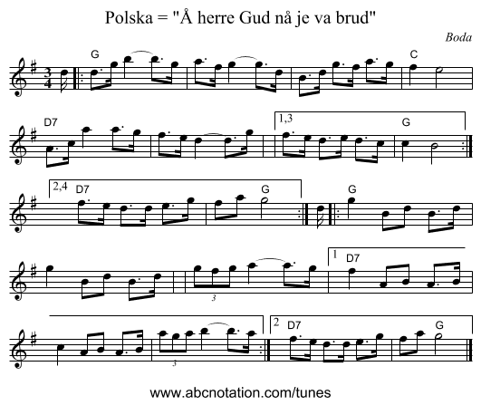 Polska = &Aring; herre Gud n&aring; je va brud - staff notation
